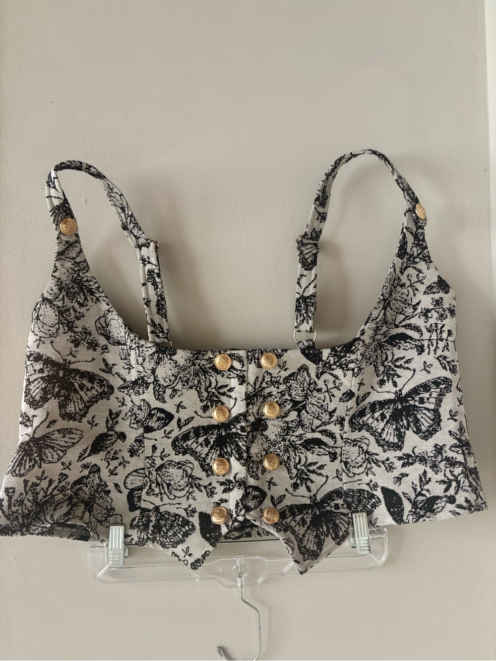 Black & White Butterfly Print Cropped Tank Top with Gold Buttons